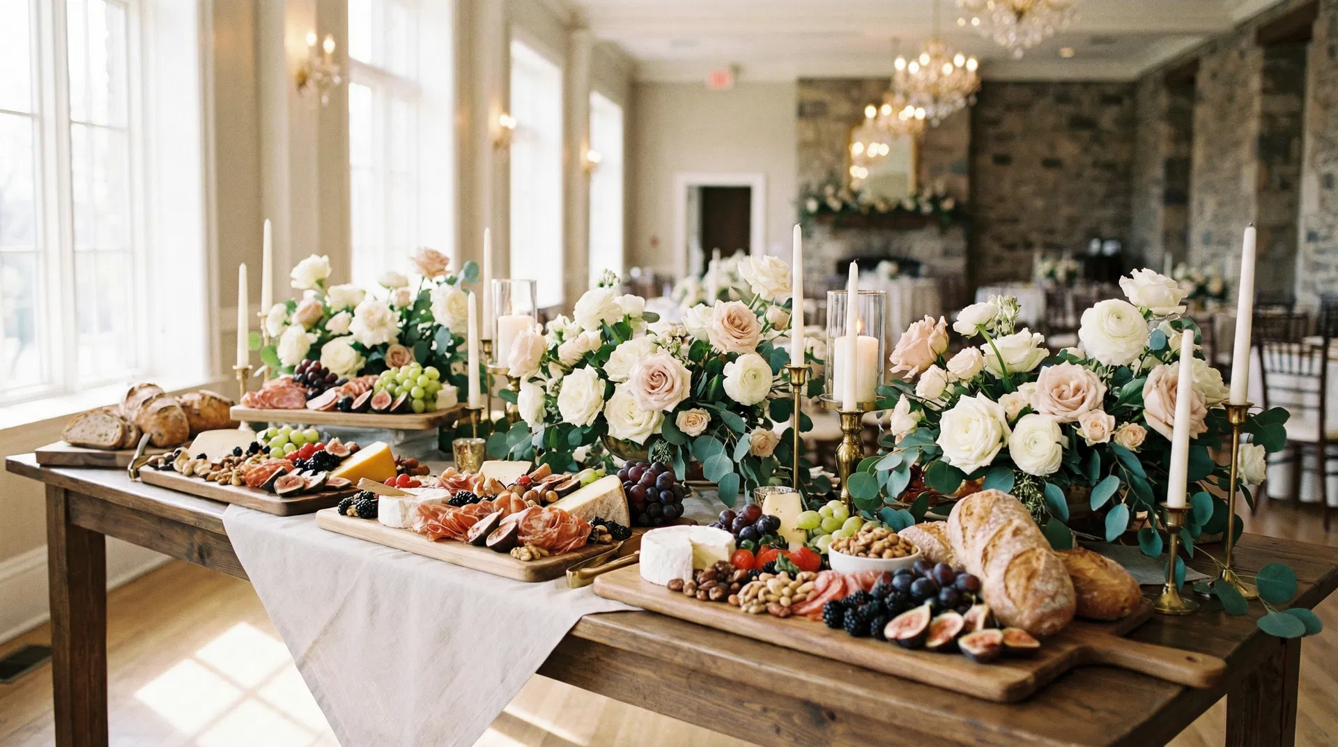 Luxury wedding grazing table with floral accents, artisan cheeses, and charcuterie — Mesa AZ