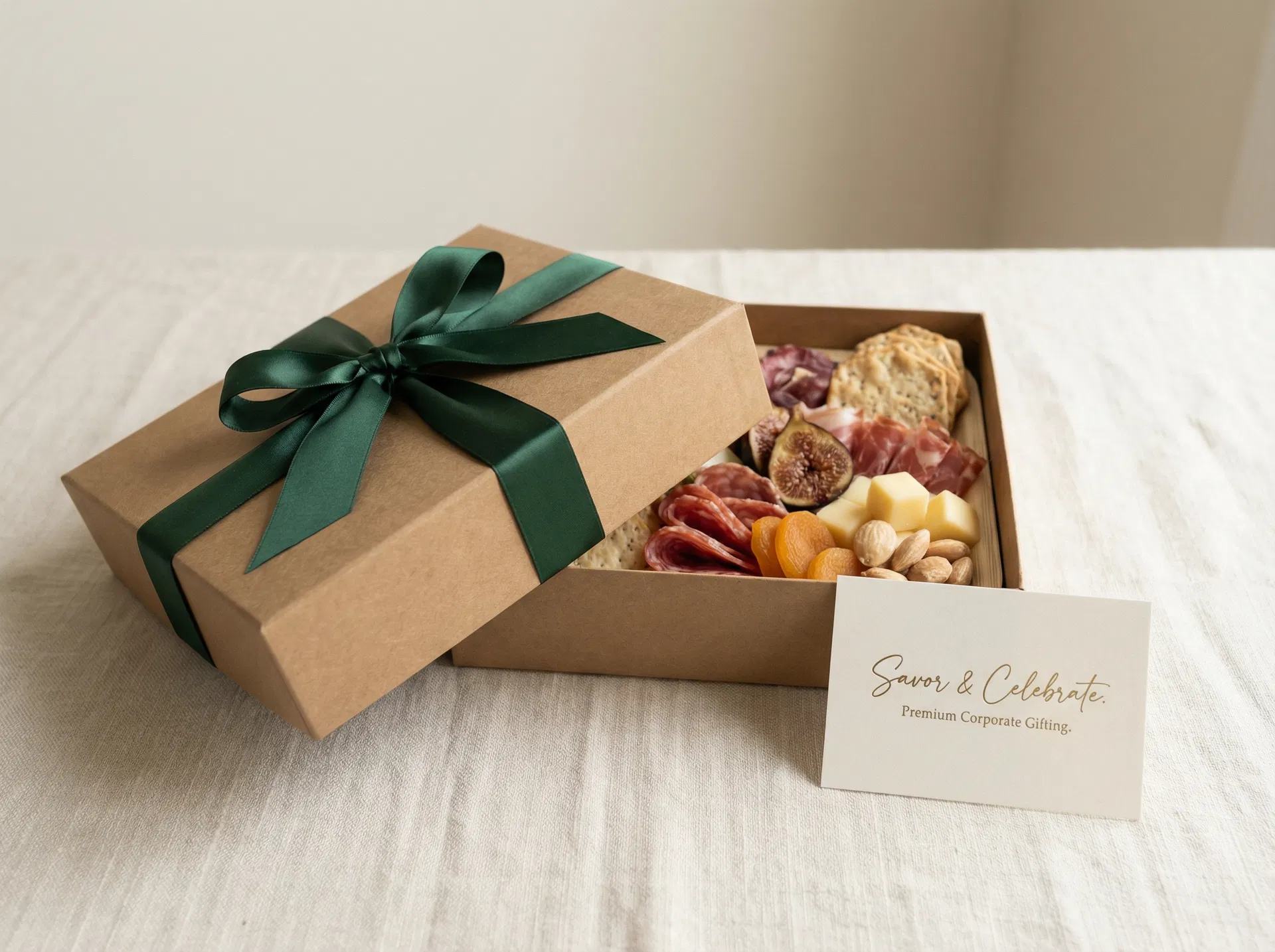 Premium charcuterie gift box with forest green ribbon